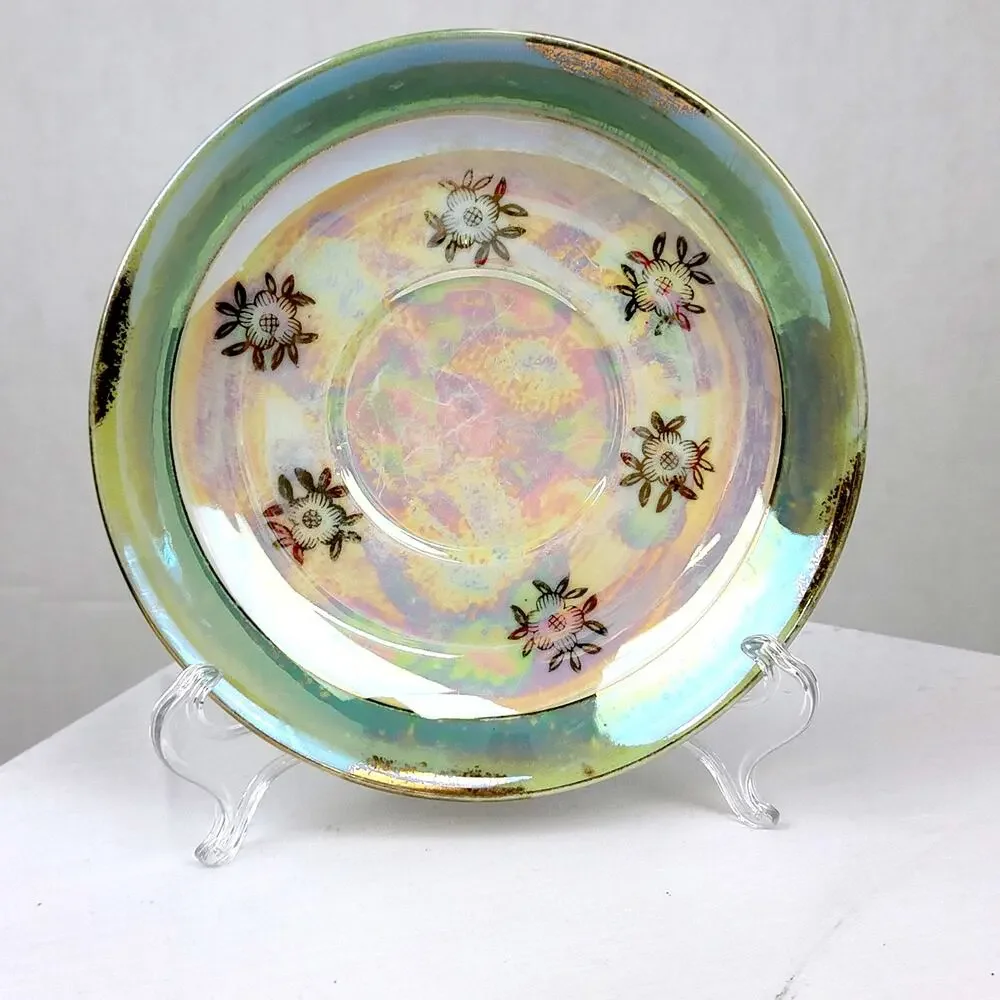 Vintage Lusterware Plate From Japan Mother of Pearl Glaze Gold Floral  40s 50s